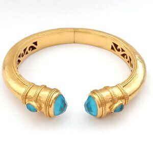 Julie Vos Cuff Hinged Bangle Bracelet Gold Plated & Turquoise Blue Glass Stone